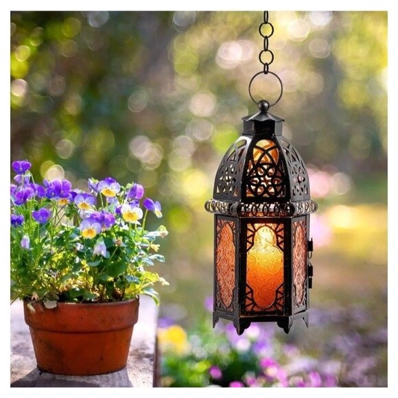 Exquisite Vintage Style Moroccan Candle Lantern Decorative Lighting Bronze Amber - Picture 6 of 8